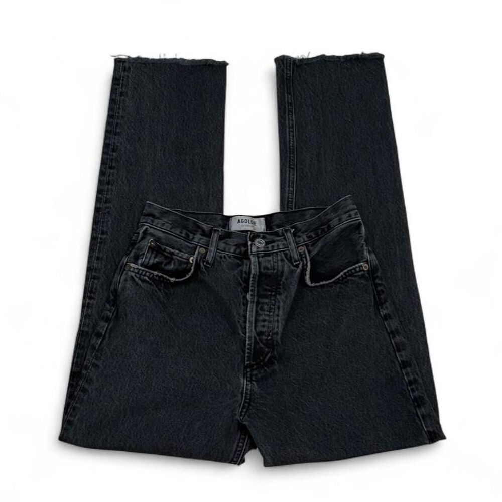 AGOLDE 90s Pinch Waist Jeans Size 24 Washed Black Straight Leg Raw Hem